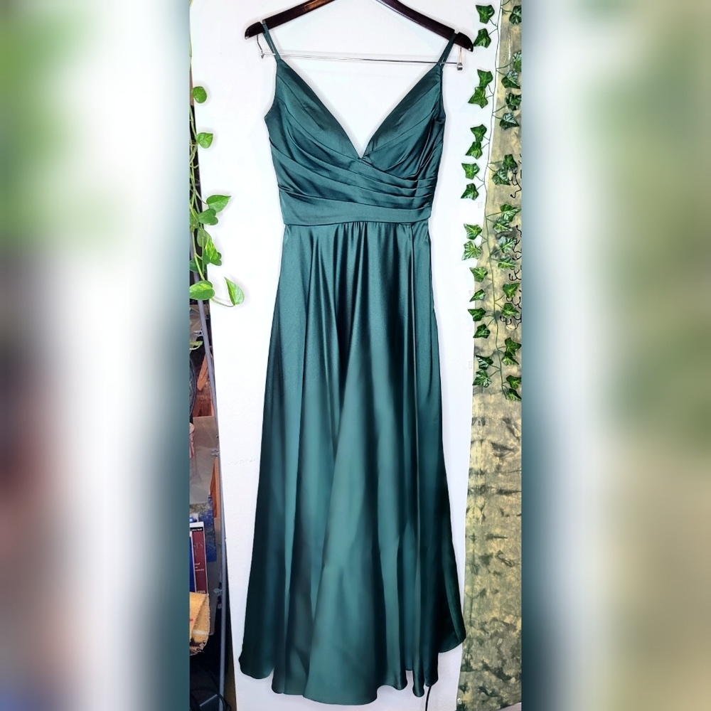 La Femme Emerald High Slit Long Satin Dress